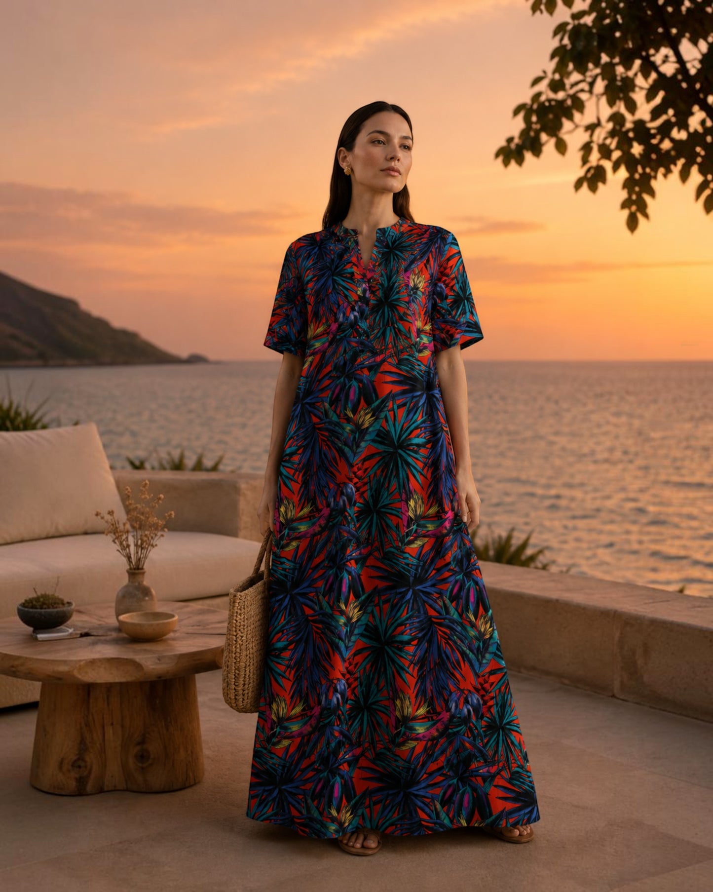 Sunset Long A-line Cotton Dress – Multicolor Print