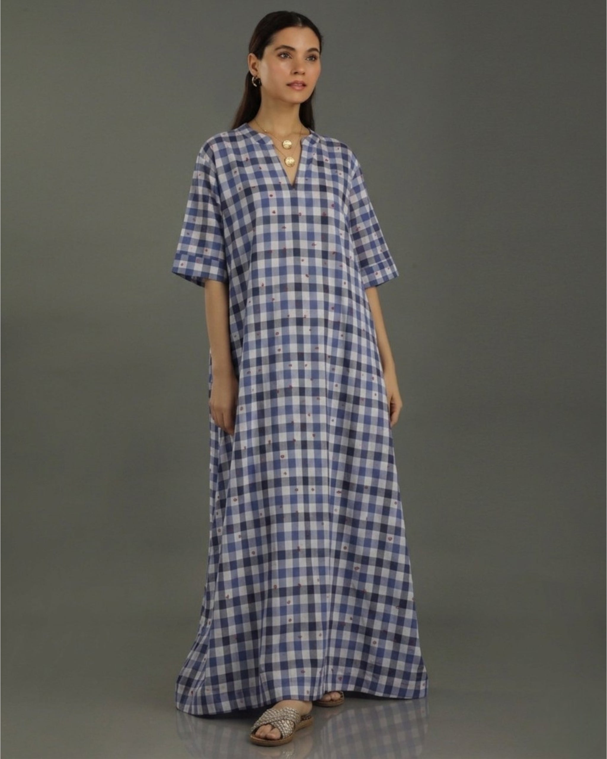 Gingham Long A-line Cotton Dress – Indigo Checks Print