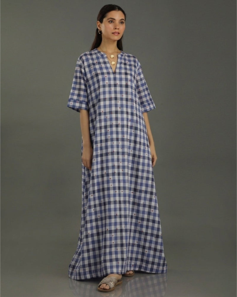 Gingham Long A-line Cotton Dress – Indigo Checks Print