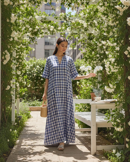Gingham Long A-line Cotton Dress – Indigo Checks Print