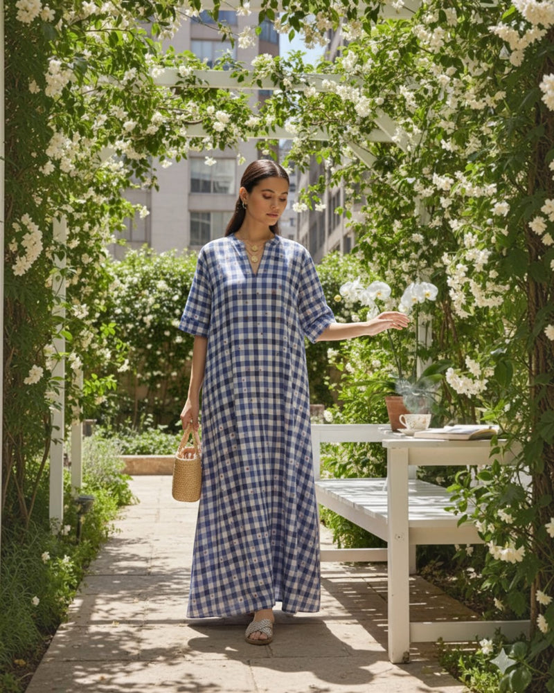 Gingham Long A-line Cotton Dress – Indigo Checks Print