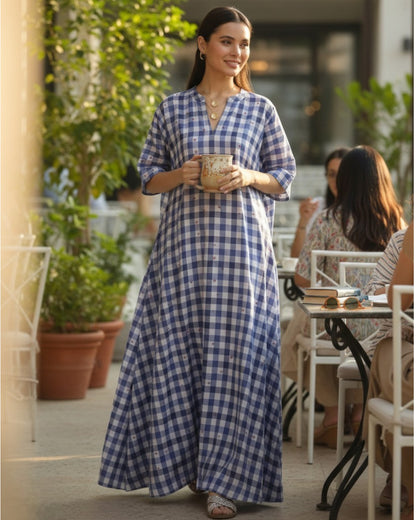 Gingham Long A-line Cotton Dress – Indigo Checks Print