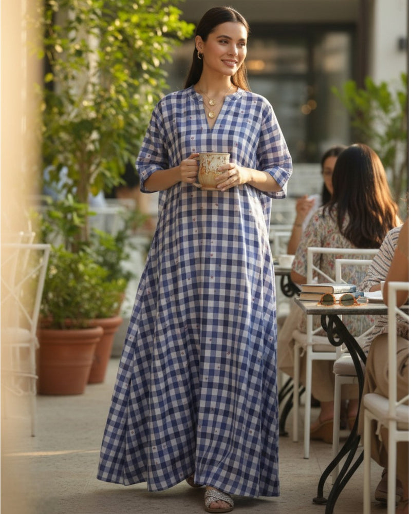Gingham Long A-line Cotton Dress – Indigo Checks Print