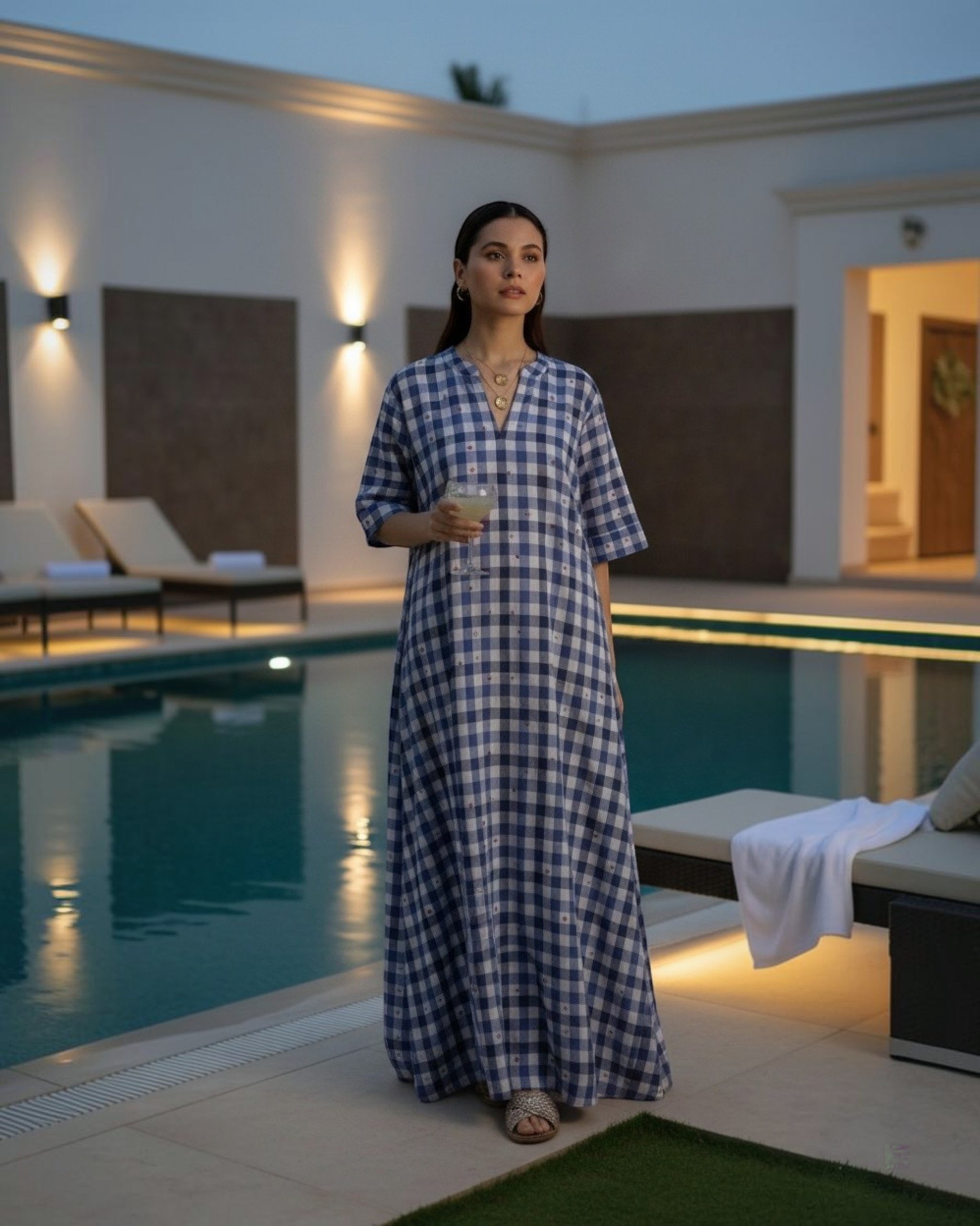 Gingham Long A-line Cotton Dress – Indigo Checks Print