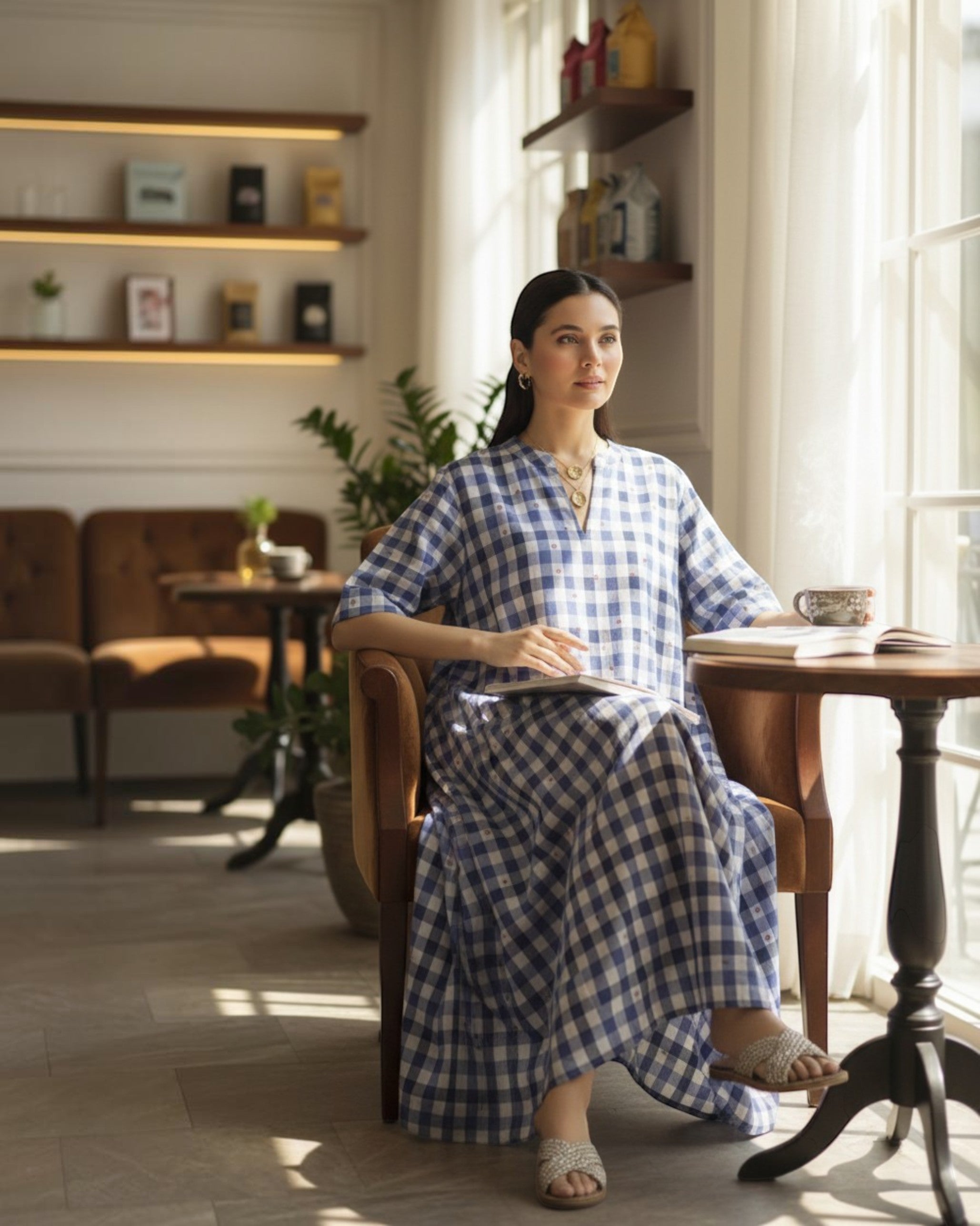 Gingham Long A-line Cotton Dress – Indigo Checks Print