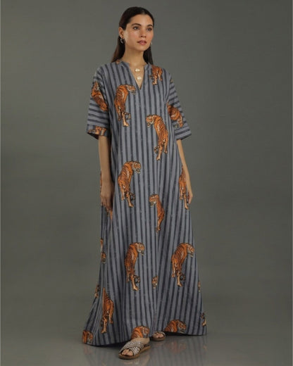 Wildrade Long A-line Cotton Dress – Charcoal Tiger Print