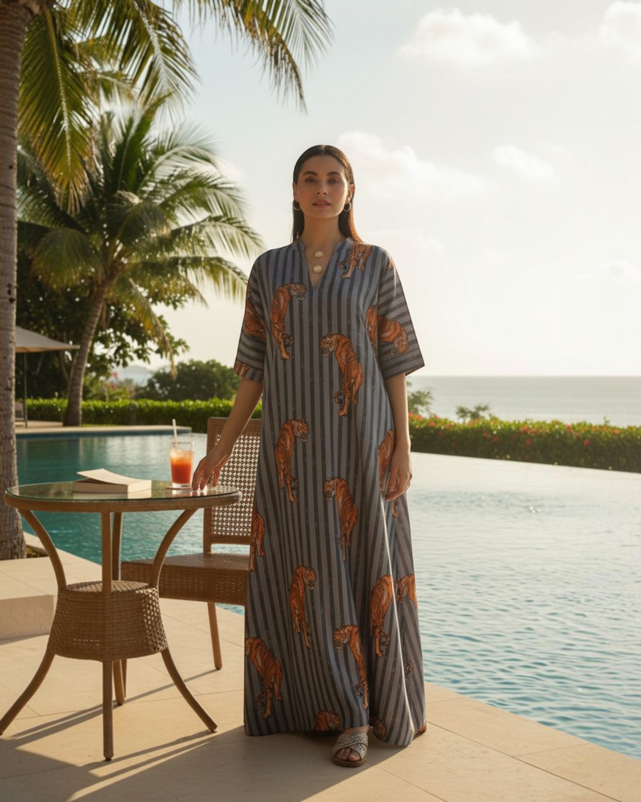 Wildrade Long A-line Cotton Dress – Charcoal Tiger Print