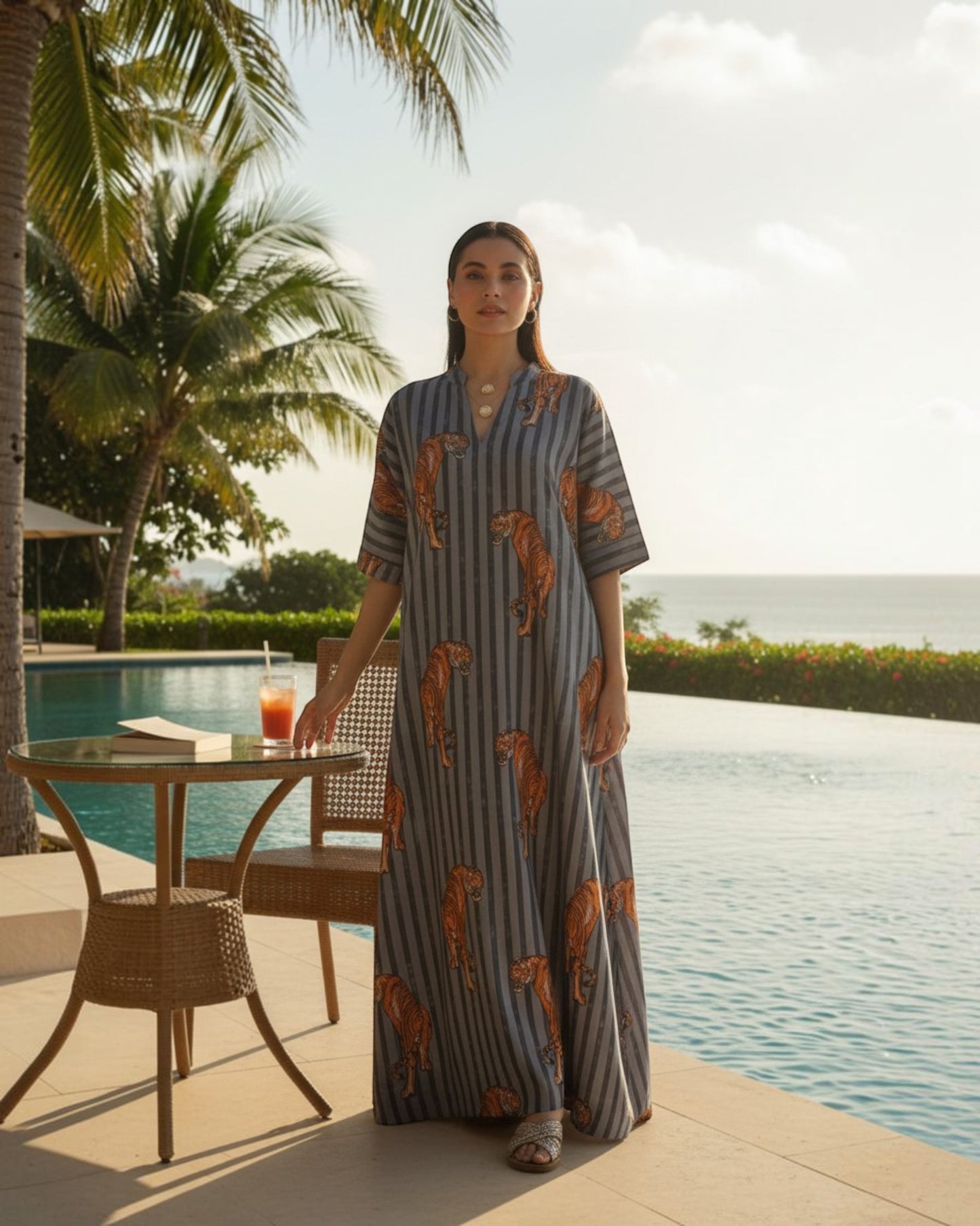 Wildrade Long A-line Cotton Dress – Charcoal Tiger Print