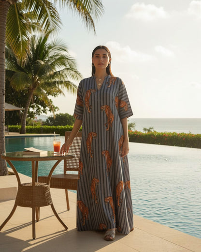 Wildrade Long A-line Cotton Dress – Charcoal Tiger Print