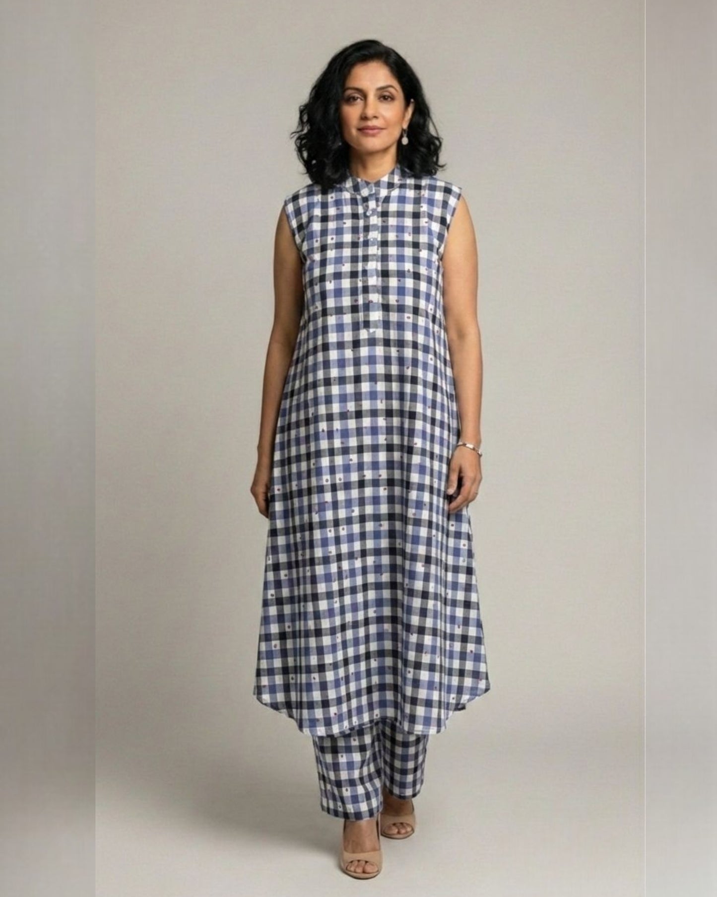 Gingham Long Sleeveless Cotton Kurta Set – Indigo Checks Print