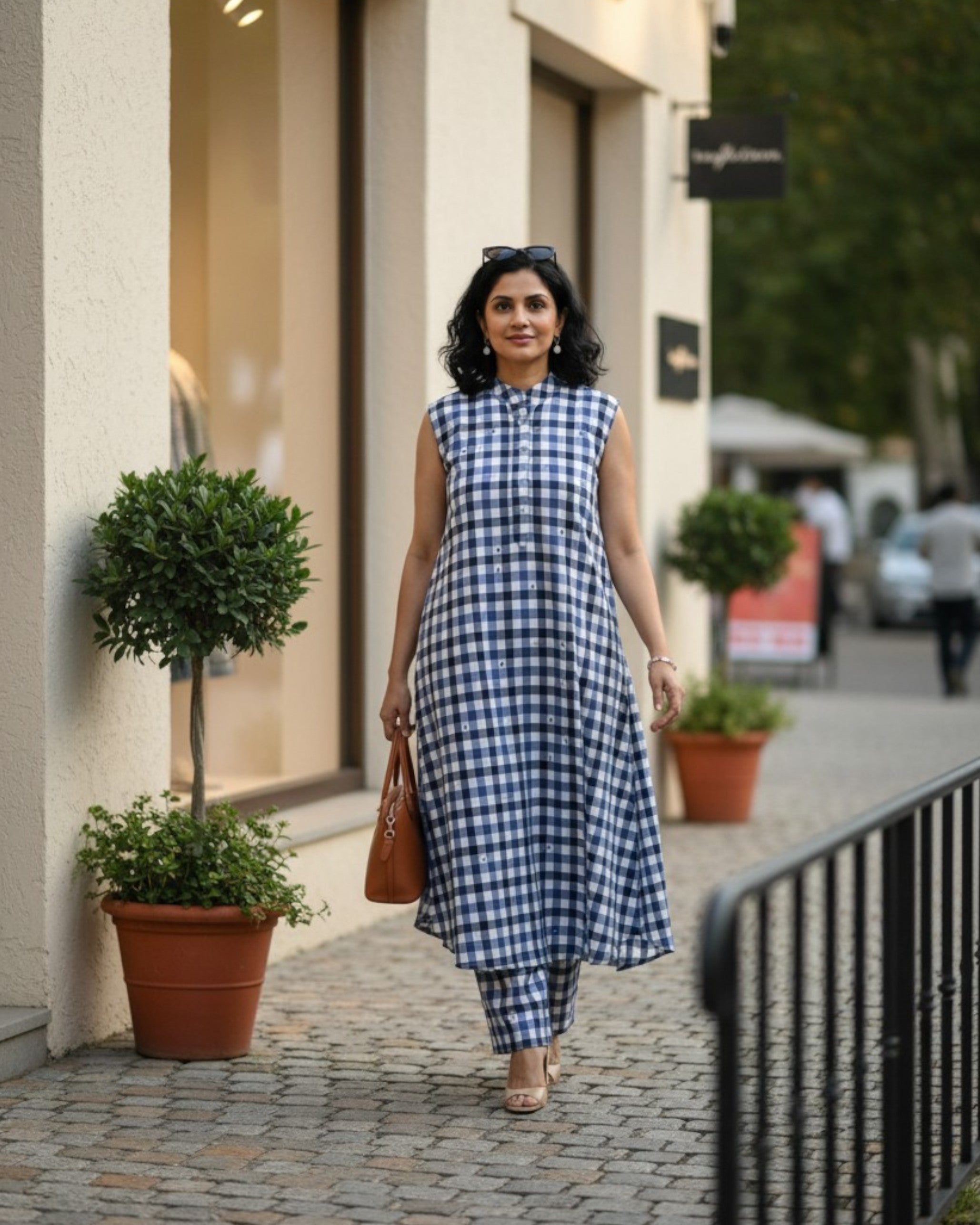 Gingham Long Sleeveless Cotton Kurta Set – Indigo Checks Print