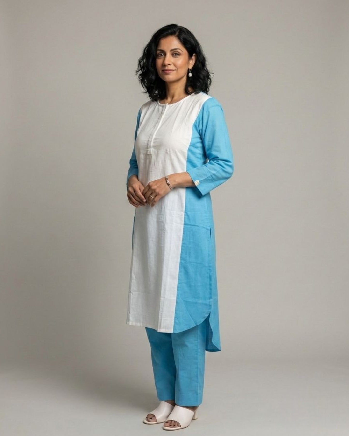 Lagoon ColorBlock Mid-Length Cotton Coord Set - White & Cyan