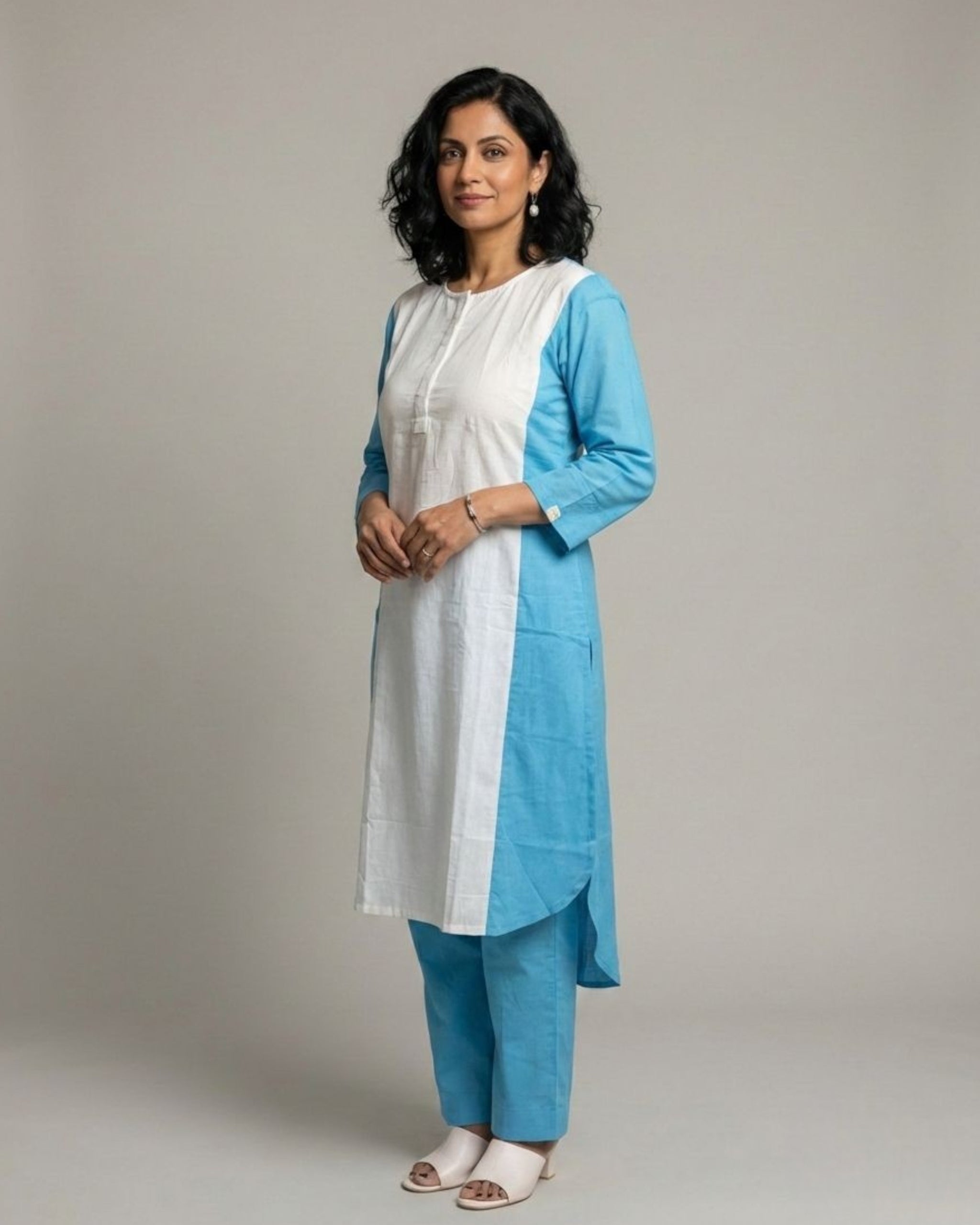 Lagoon ColorBlock Mid-Length Cotton Coord Set - White & Cyan