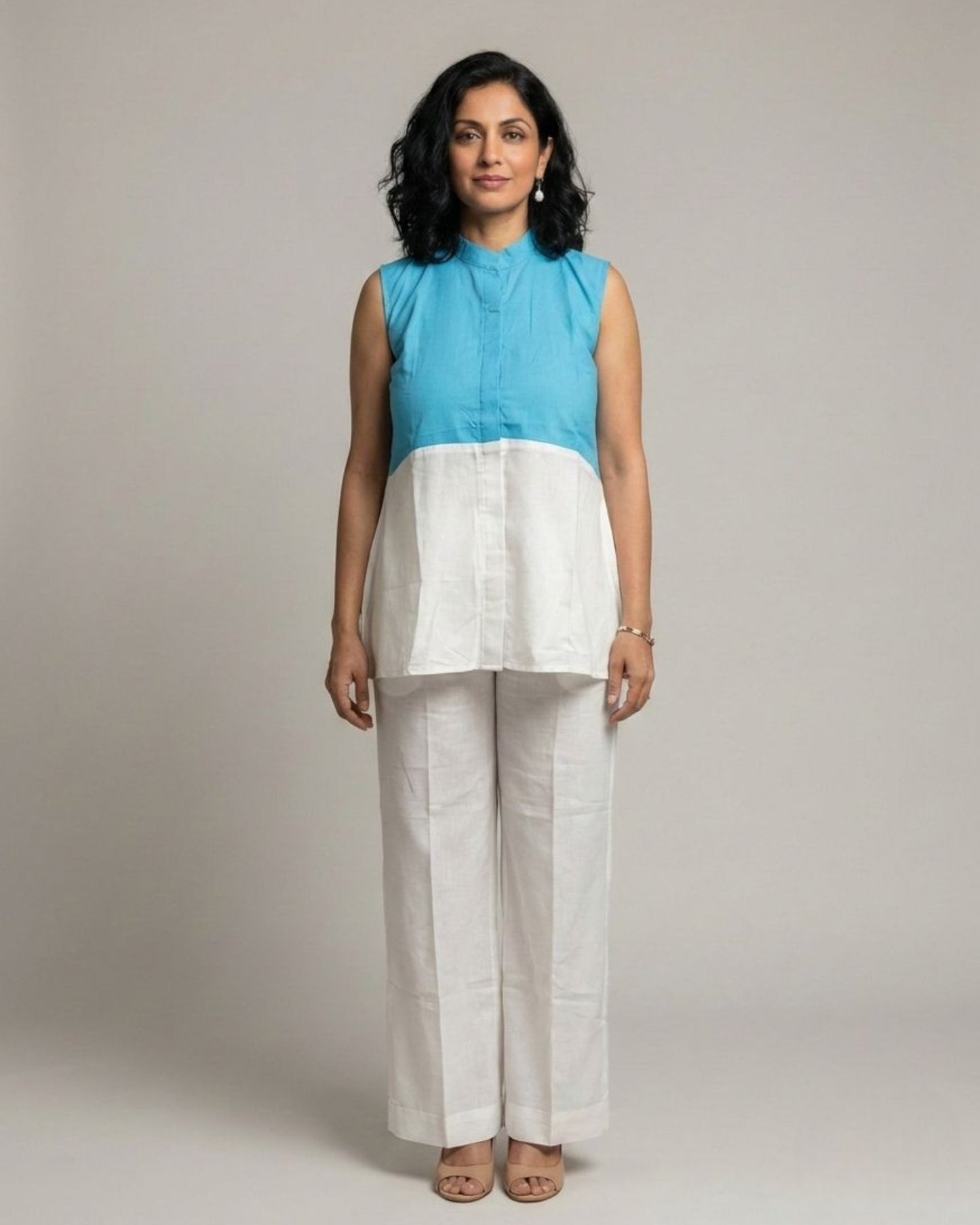 Lagoon ColorBlock Short Sleeveless Cotton Coord Set - White & Cyan