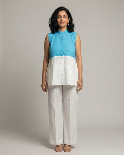 Lagoon ColorBlock Short Sleeveless Cotton Coord Set - White & Cyan