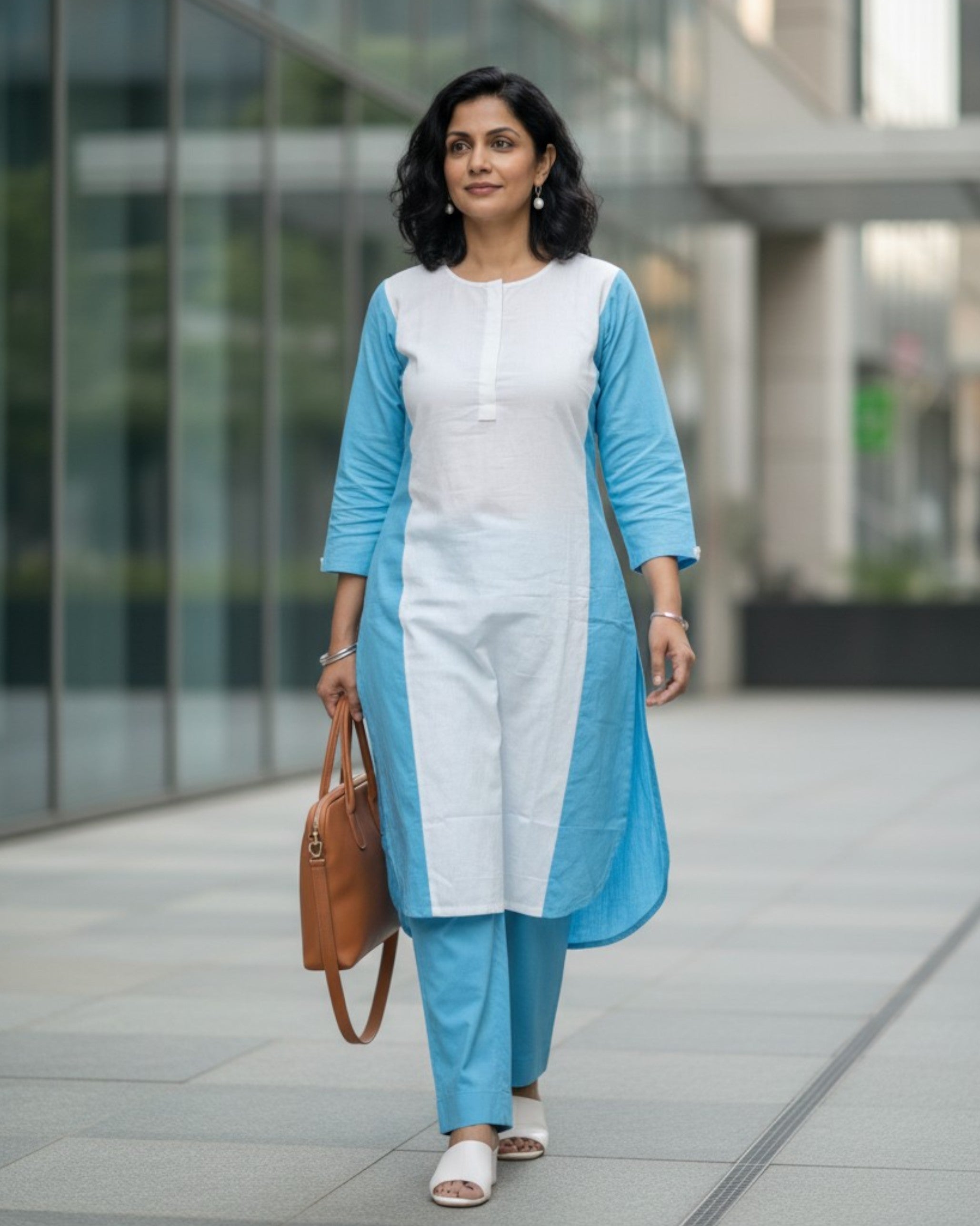 Lagoon ColorBlock Mid-Length Cotton Coord Set - White & Cyan