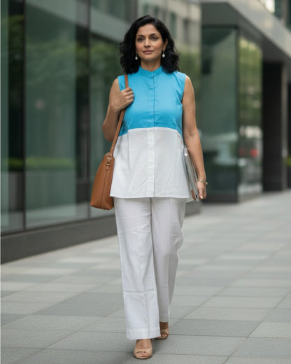 Lagoon ColorBlock Short Sleeveless Cotton Coord Set - White & Cyan