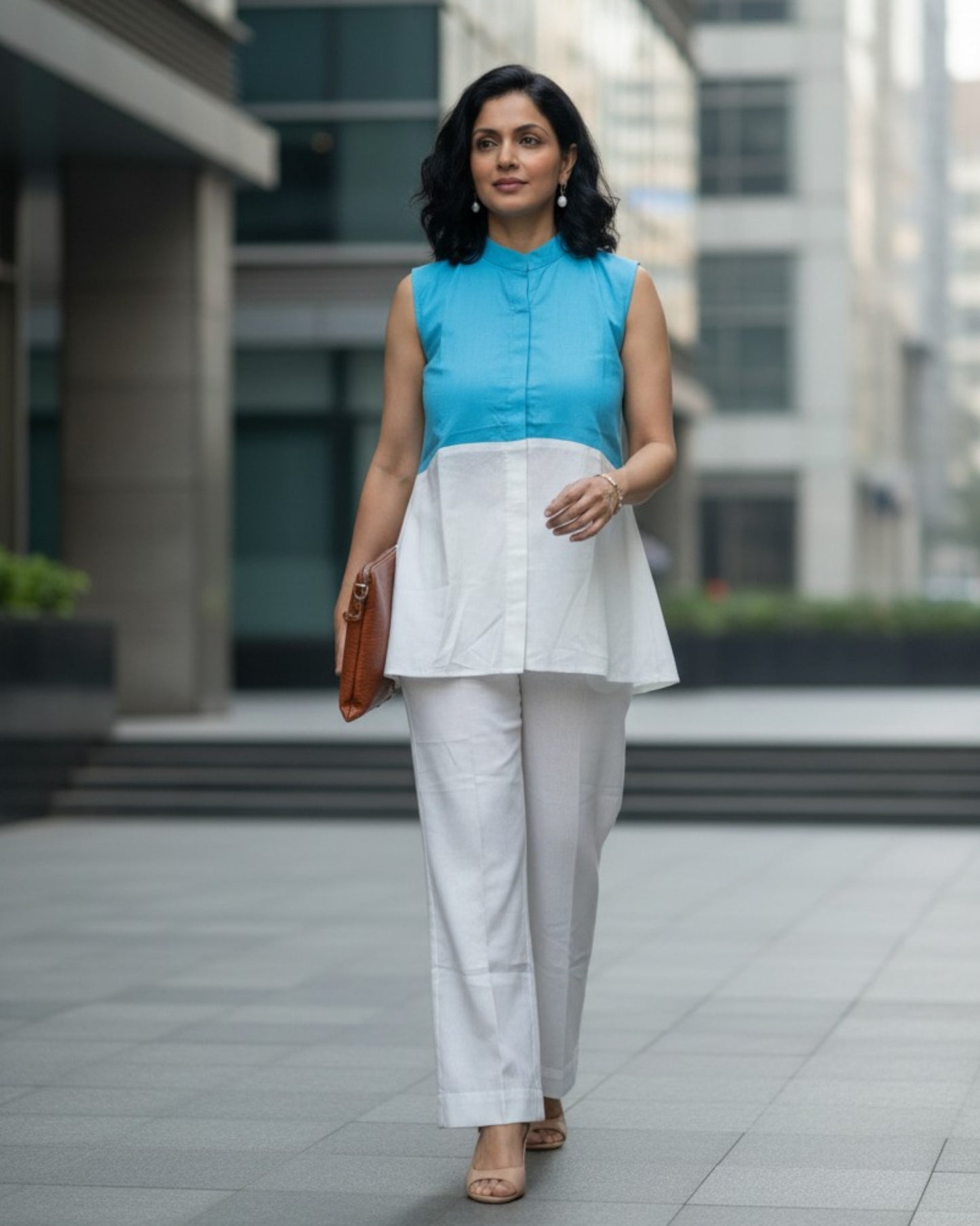 Lagoon ColorBlock Short Sleeveless Cotton Coord Set - White & Cyan