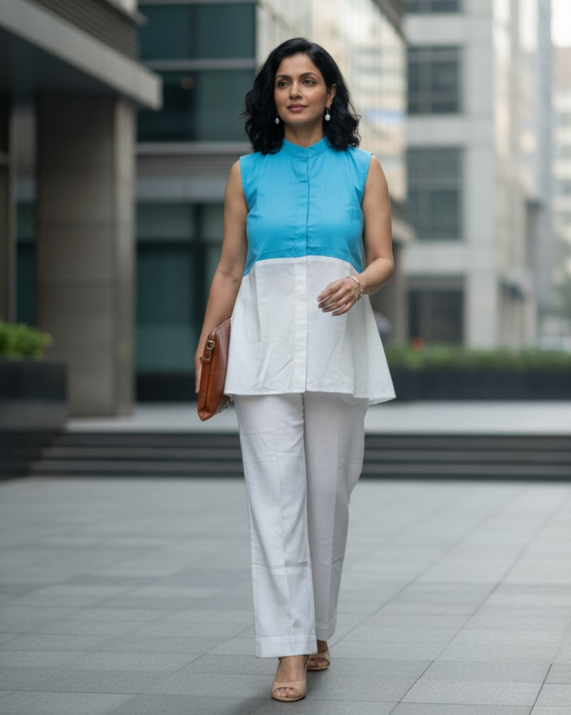 Lagoon ColorBlock Short Sleeveless Cotton Coord Set - White & Cyan