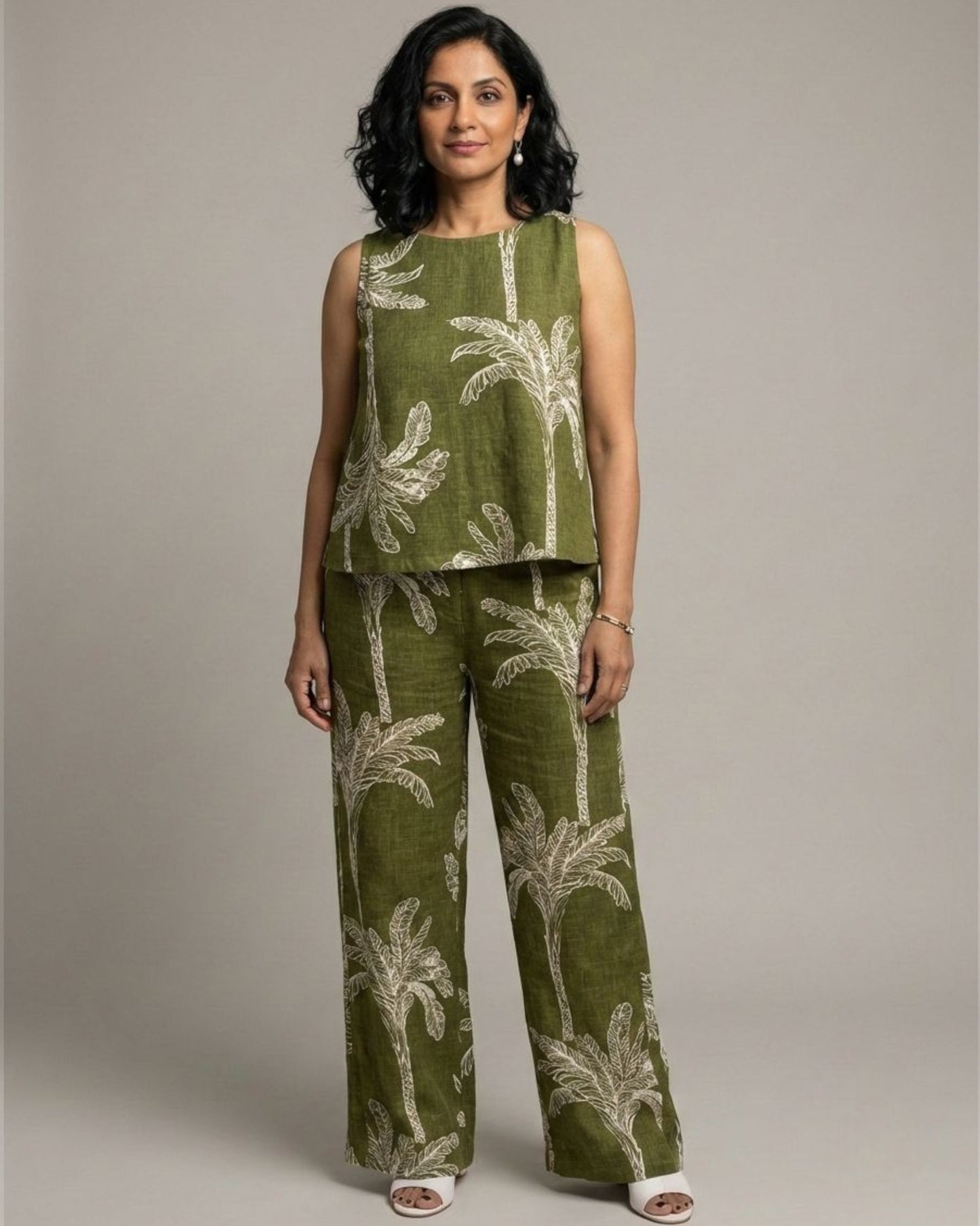 Palm Short Sleeveless Cotton Coord Set - Olive Print