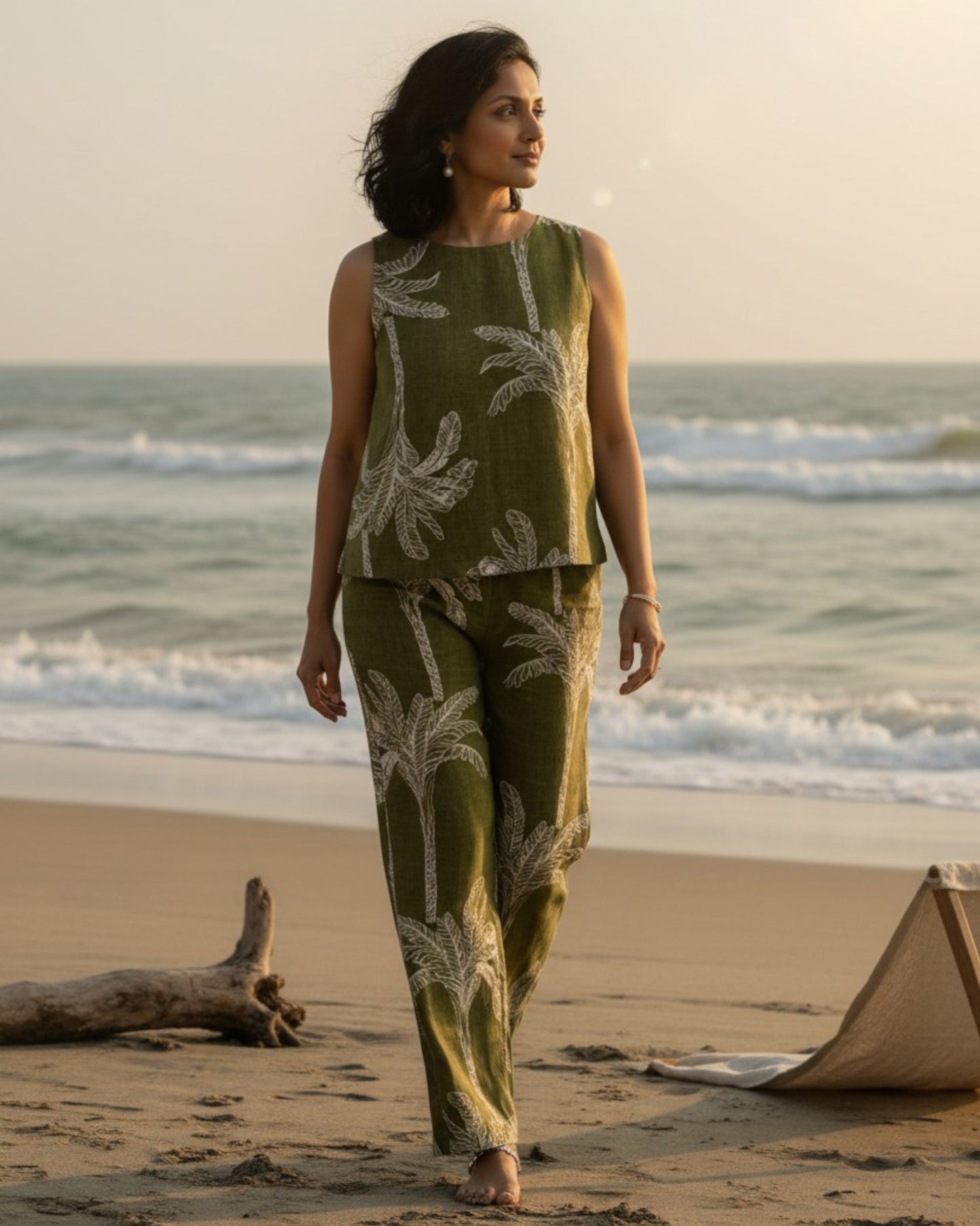 Palm Short Sleeveless Cotton Coord Set - Olive Print