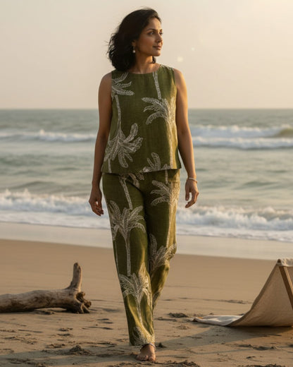 Palm Short Sleeveless Cotton Coord Set - Olive Print