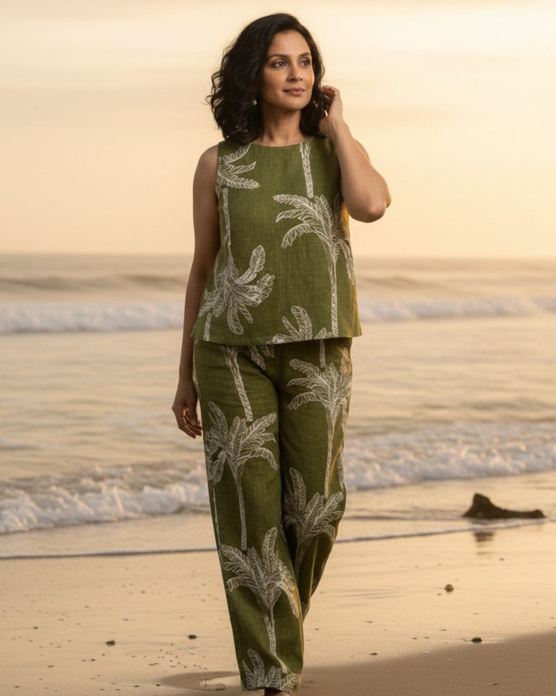 Palm Short Sleeveless Cotton Coord Set - Olive Print