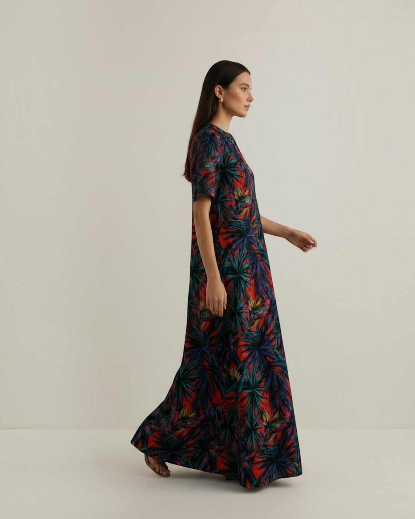 Sunset Long A-line Cotton Dress – Multicolor Print