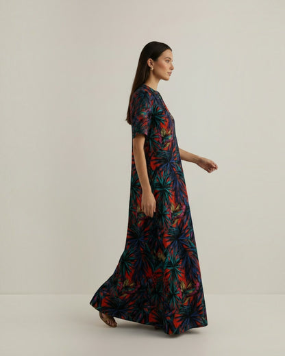 Sunset Long A-line Cotton Dress – Multicolor Print