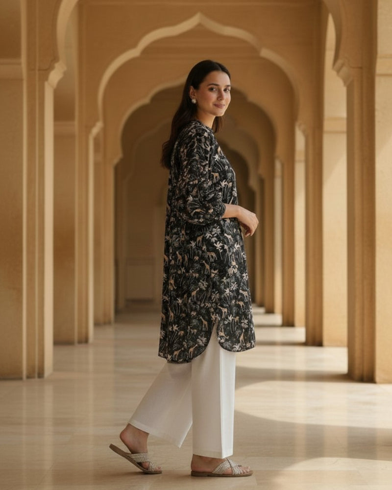 Reverie Balloon Oversized Cotton Shirt – Black Print