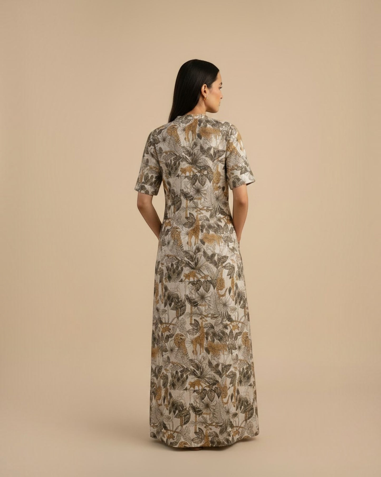 Safari Long A-line Cotton Dress – Off-White Print