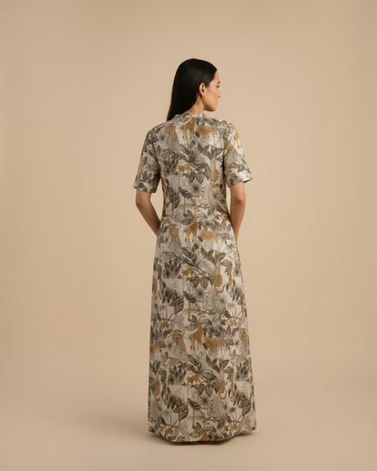 Safari Long A-line Cotton Dress – Off-White Print