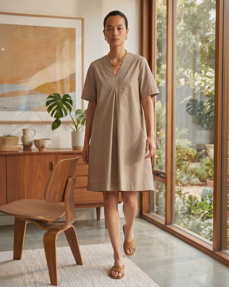 Dune Ease Short A-line Cotton Dress – Beige