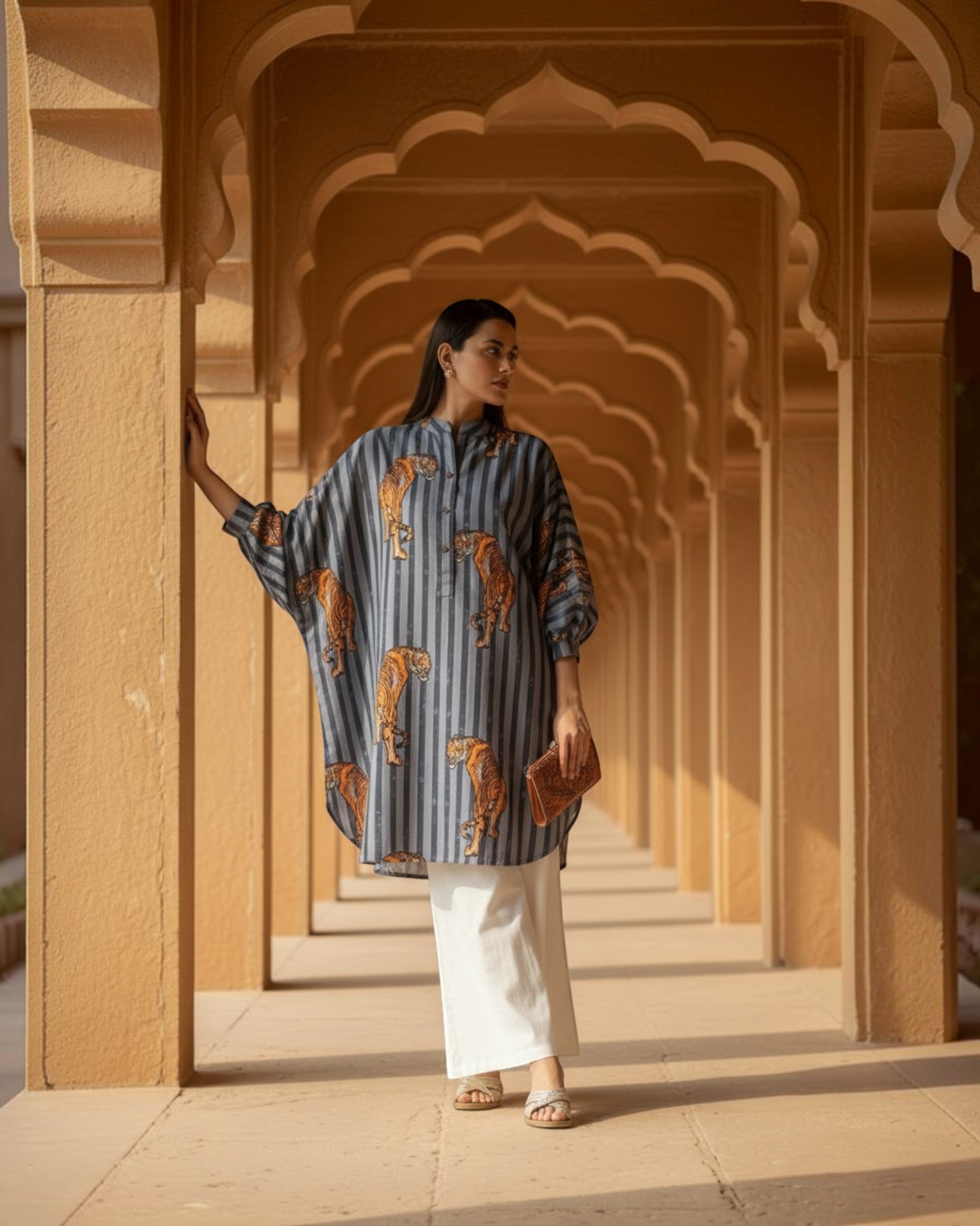 Wildrade Balloon Oversized Cotton Shirt – Charcoal Tiger Print