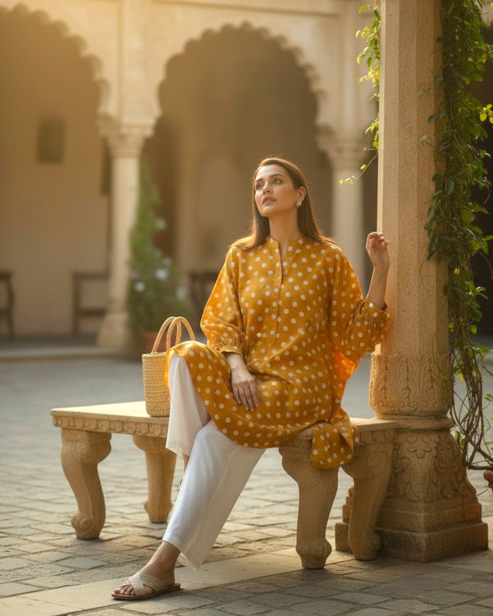 Sunshine Balloon Oversized Cotton Coord Set – Mustard Polka Print
