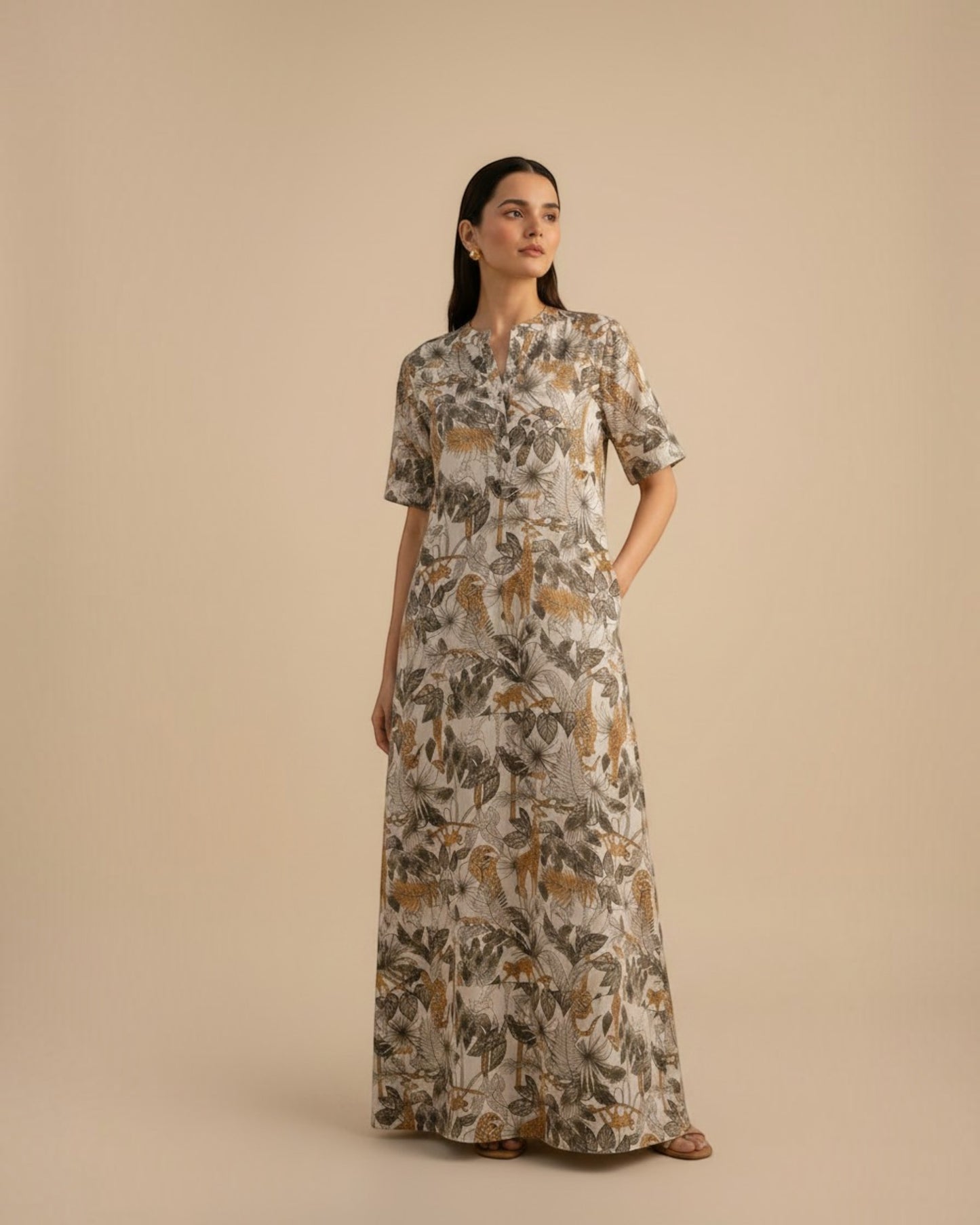 Safari Long A-line Cotton Dress – Off-White Print