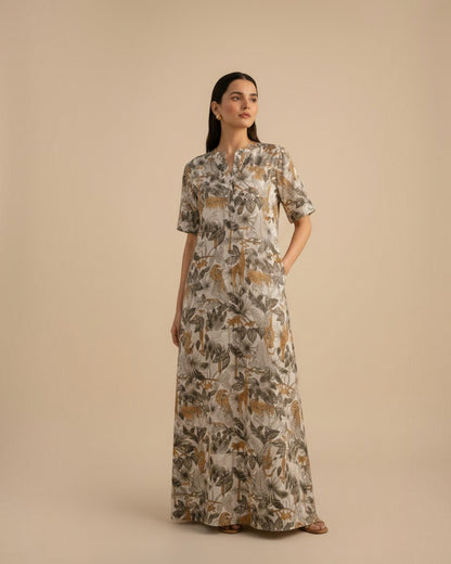 Safari Long A-line Cotton Dress – Off-White Print
