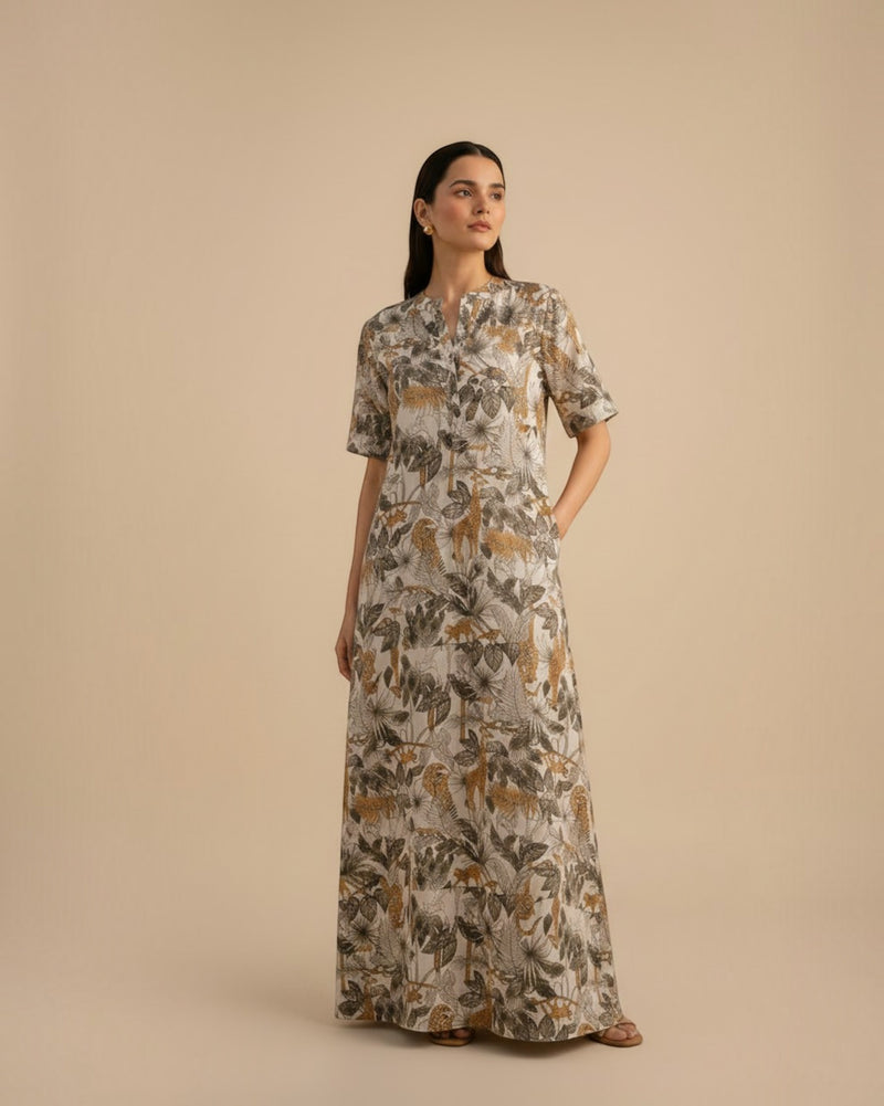 Safari Long A-line Cotton Dress – Off-White Print