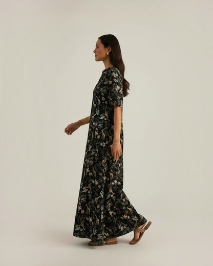 Reverie Long Length Cotton Dress – Black Print