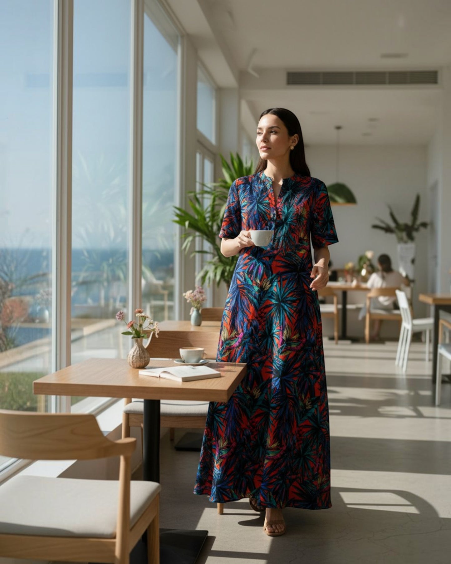 Sunset Long A-line Cotton Dress – Multicolor Print