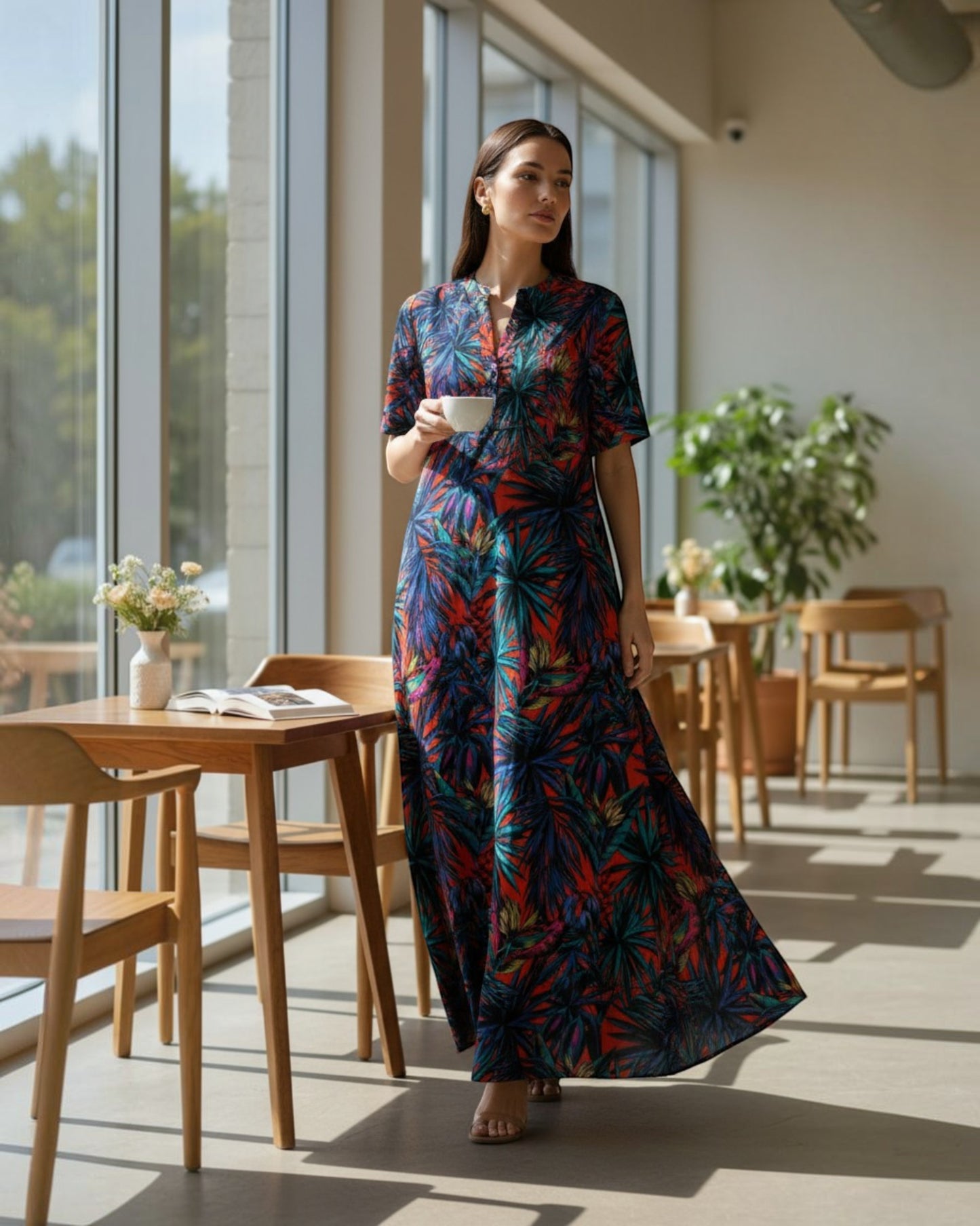 Sunset Long A-line Cotton Dress – Multicolor Print
