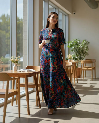 Sunset Long A-line Cotton Dress – Multicolor Print
