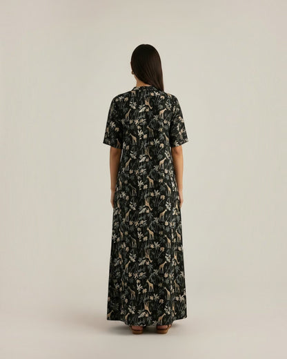 Reverie Long Length Cotton Dress – Black Print