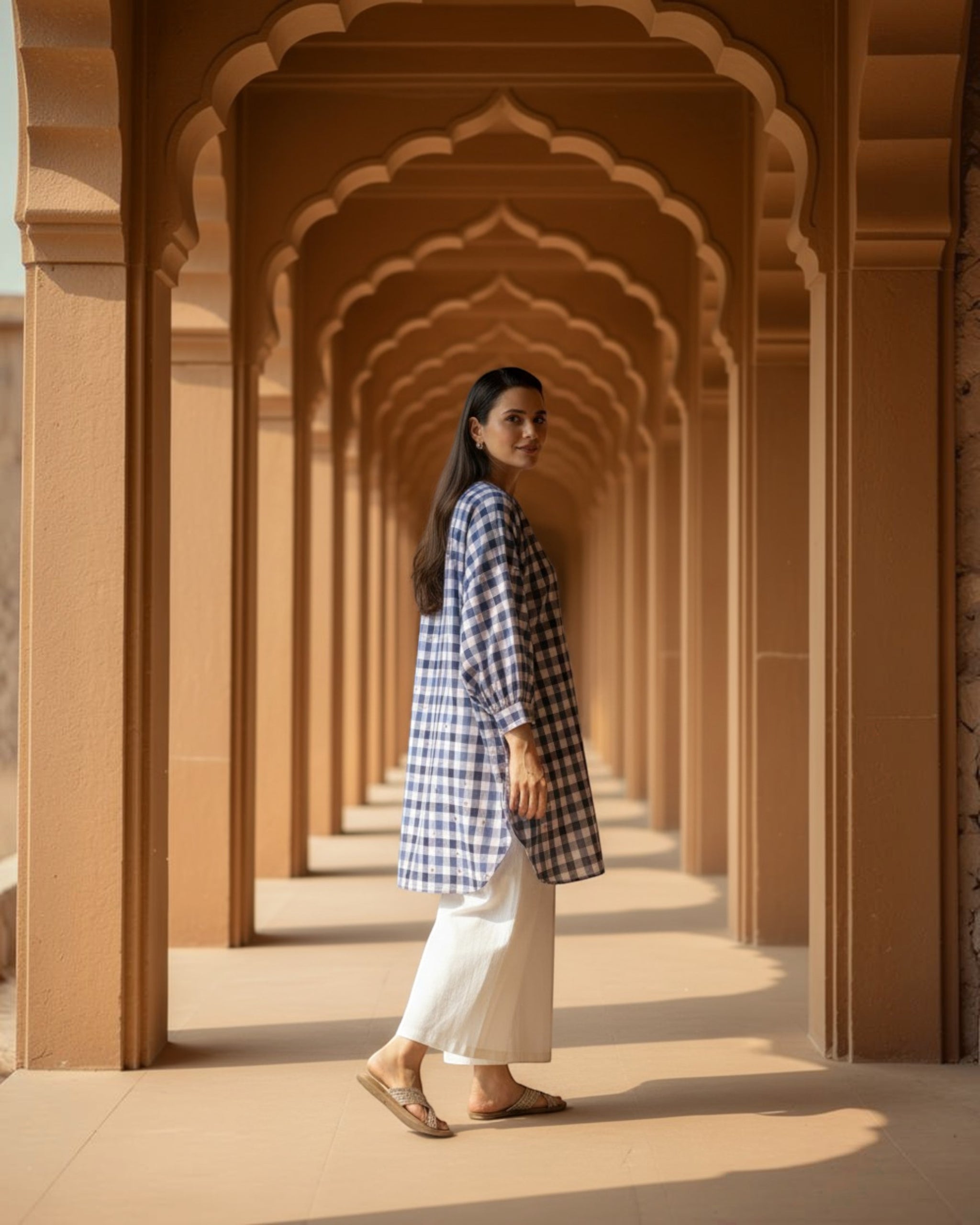 Gingham Balloon Oversized Cotton Coord Set – Indigo Checks Print