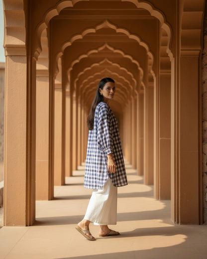 Gingham Balloon Oversized Cotton Coord Set – Indigo Checks Print