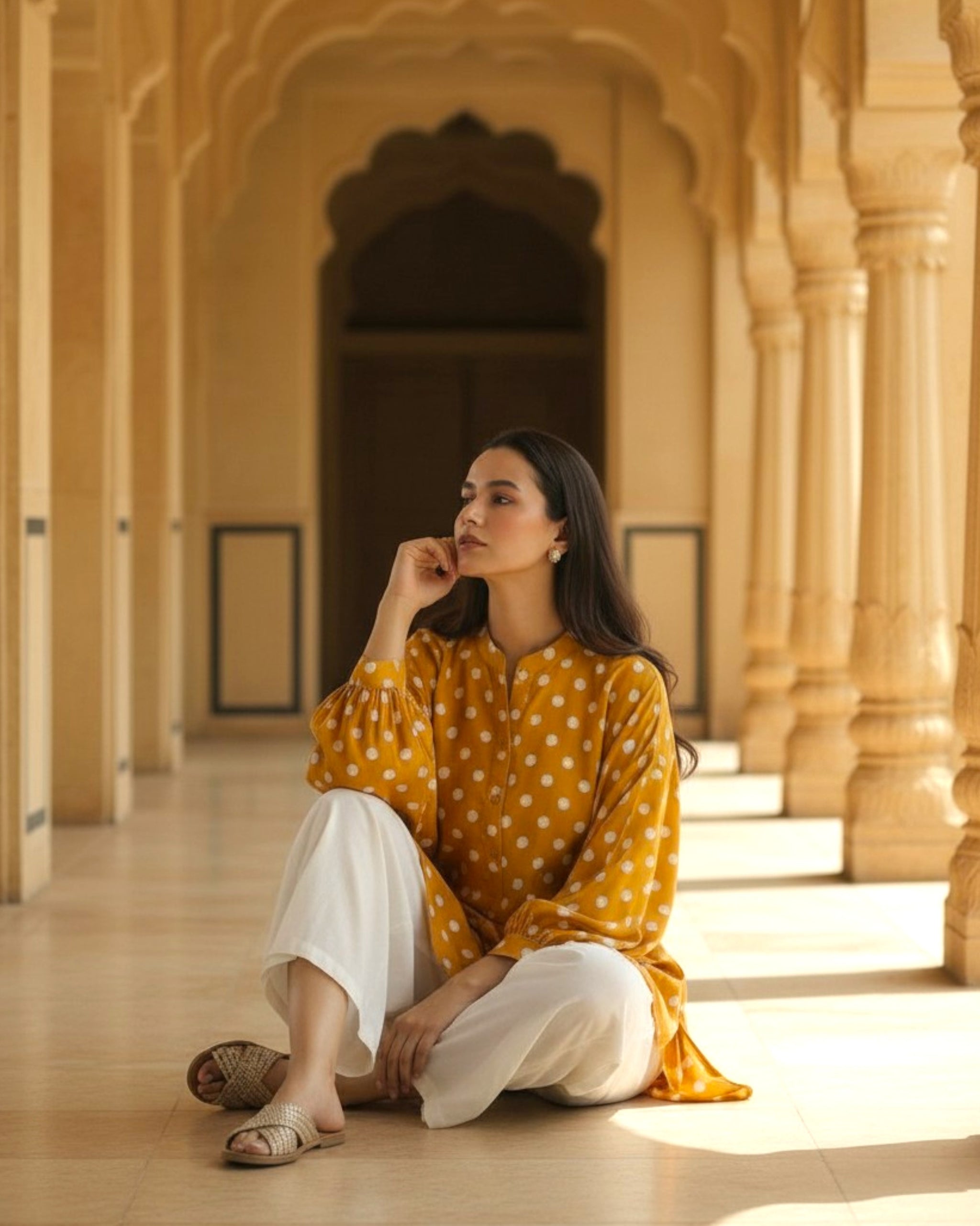 Sunshine Balloon Oversized Cotton Shirt – Mustard Polka Print