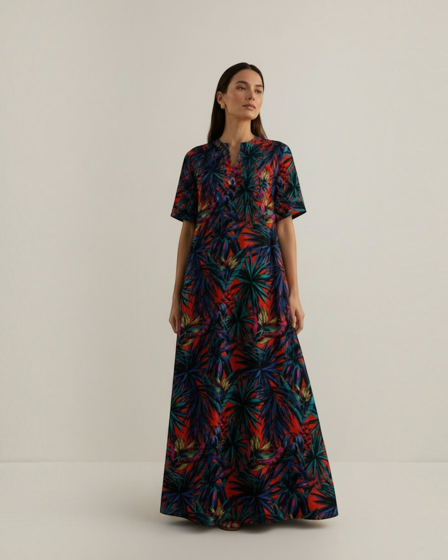 Sunset Long A-line Cotton Dress – Multicolor Print