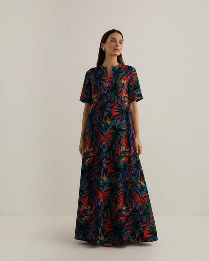 Sunset Long A-line Cotton Dress – Multicolor Print