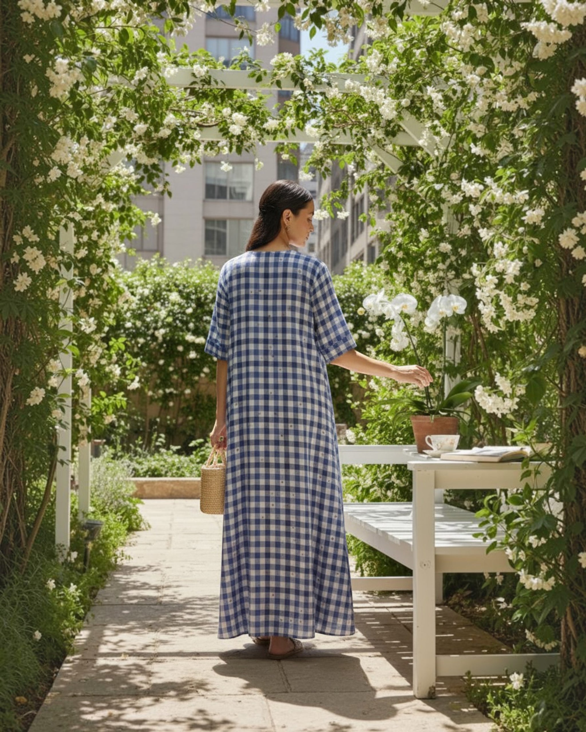 Gingham Long A-line Cotton Dress – Indigo Checks Print