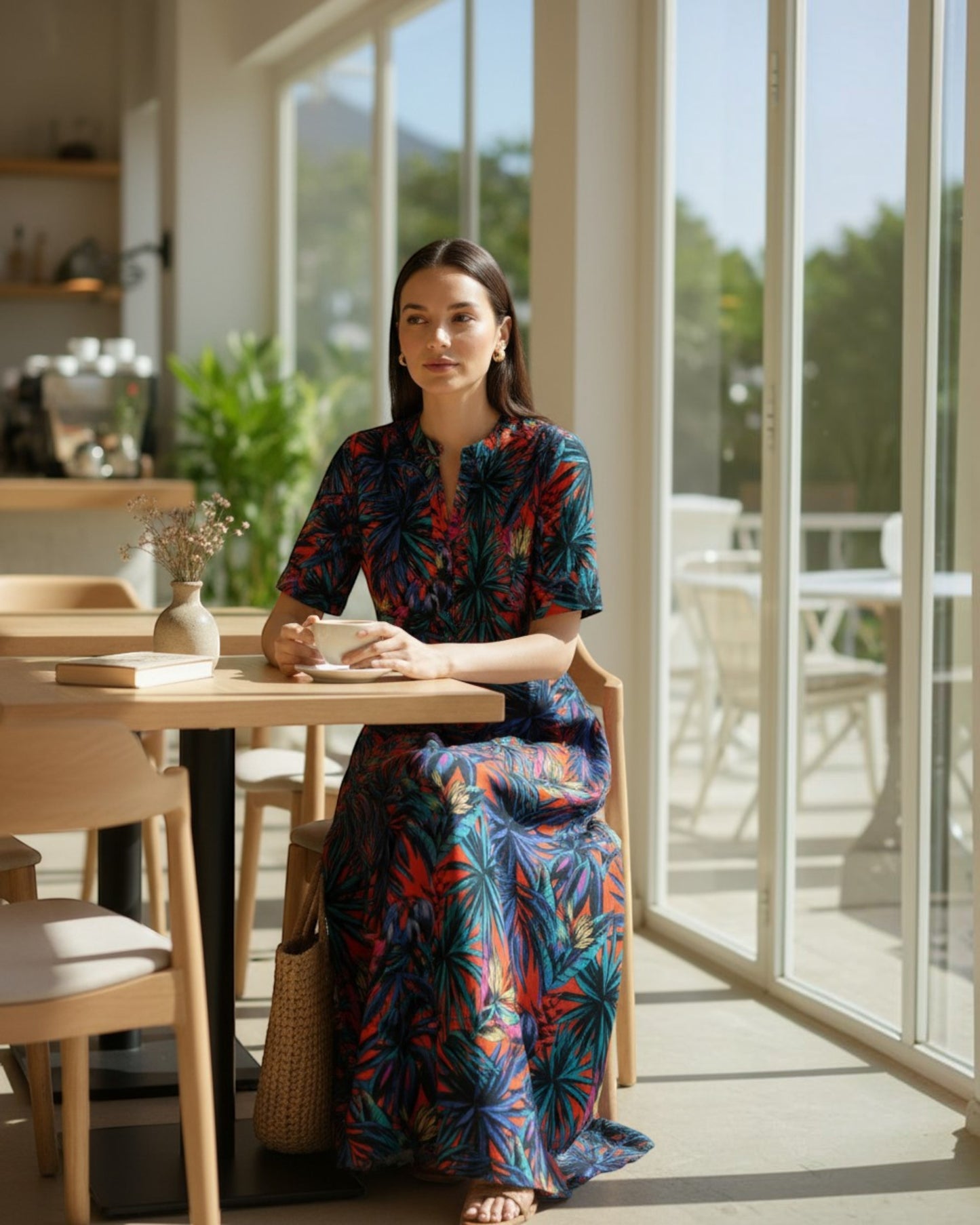 Sunset Long A-line Cotton Dress – Multicolor Print